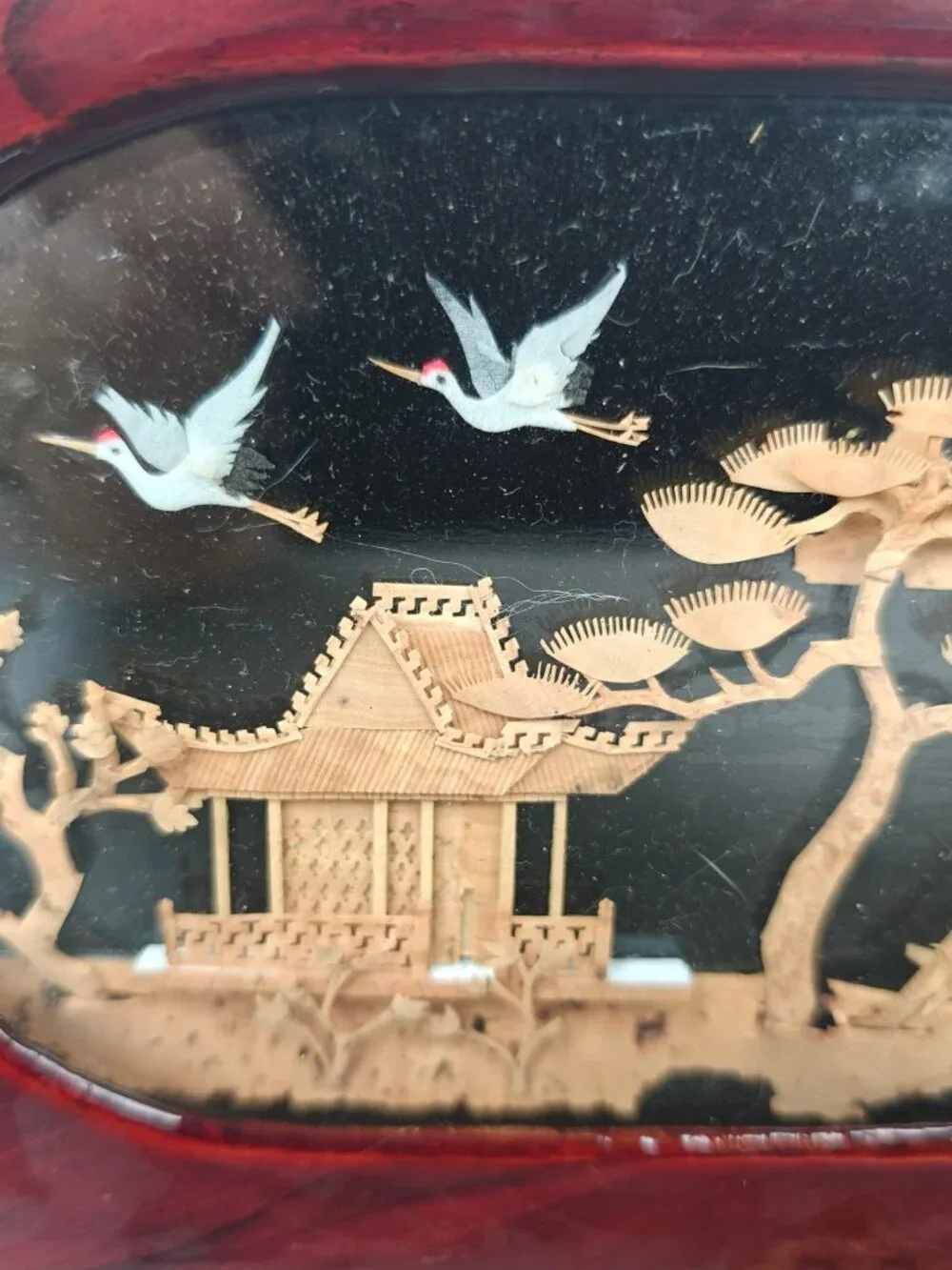 Vintage Chinese Lacquered Wooden Jewelry Box 3D Panda Crane Pagoda Asian